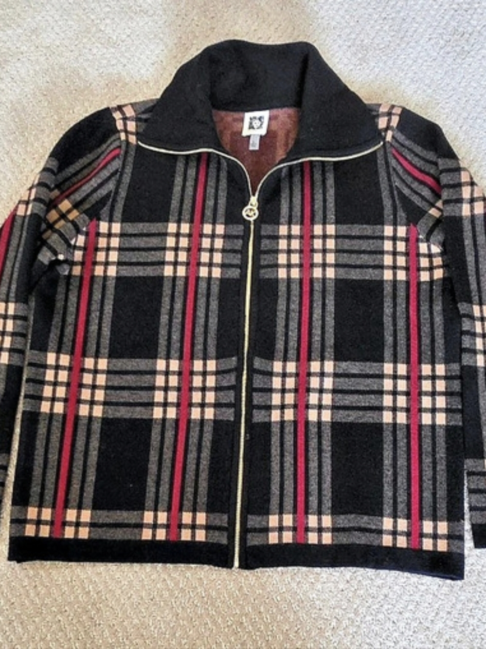 Anne Klein Plaid Full-Zip Cardigan Sweater Black & Red Small